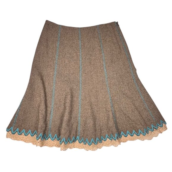 Tibi Embroidered Tweed Mid Skirt Sz S Tan Wool Blend A-Line Retro Cottage Twee - Picture 2 of 10